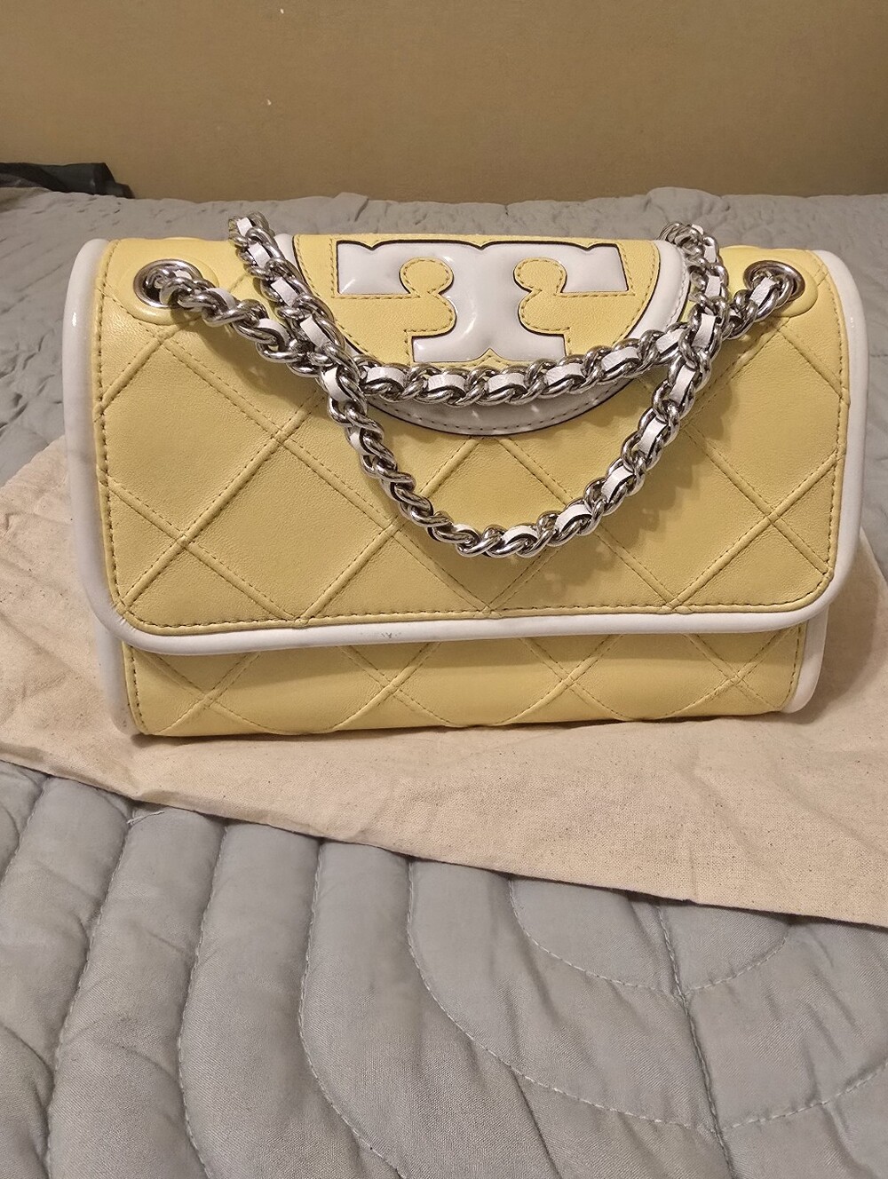 Tory Burch Small Fleming Soft Patent Border Convertible Shoulder Bag.